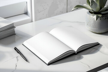 Open blank magazine on the table, next to a minimalist pen
