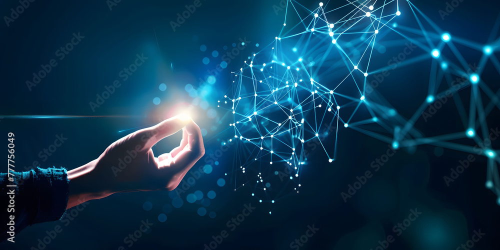 Poster fingers touching a glowing digital connection network, data transferring in the style of technology 