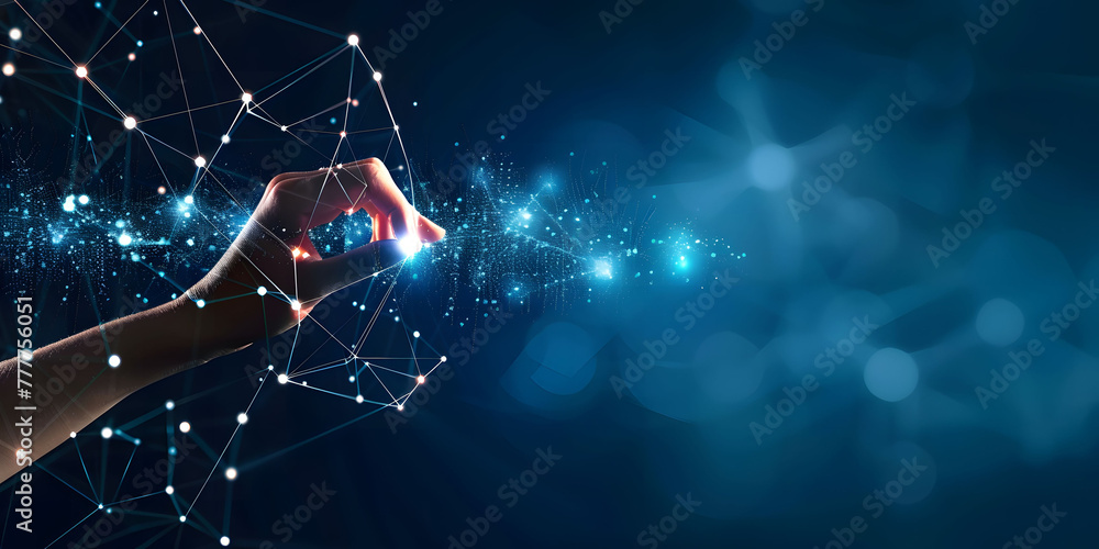 Poster fingers touching a glowing digital connection network, data transferring in the style of technology 