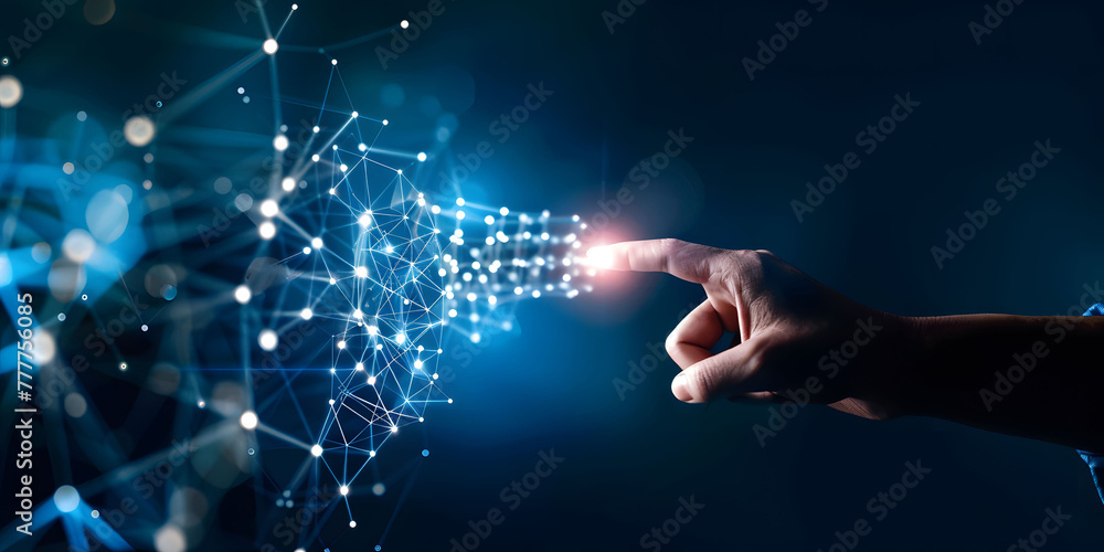Poster fingers touching a glowing digital connection network, data transferring in the style of technology 