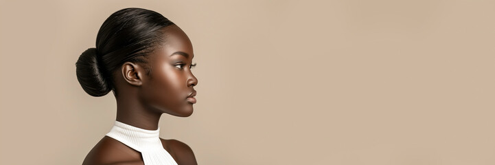 Dark-skinned african female model with sleek black hair wearing a white halter top standing against...
