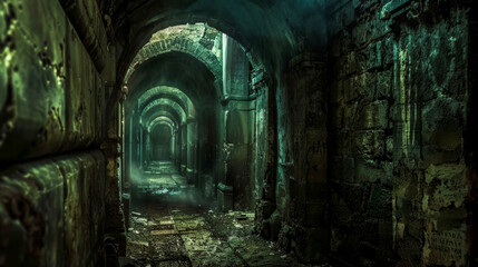 Atmospheric view of an old, arched underground corridor with eerie lighting