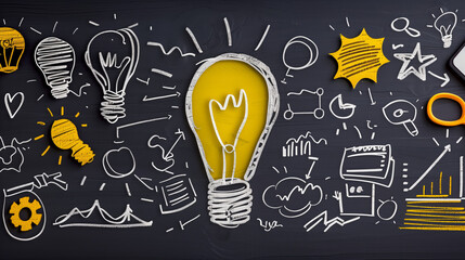 A blackboard with a light bulb drawn on it and a bunch of other drawings. The light bulb is surrounded by a yellow circle. content marketing corporate strategy