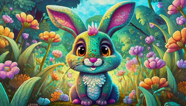 OIL PAINTING STYLE Cartoon character large Cute little bunny in grass,