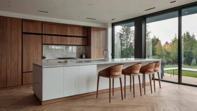 Kitchen interior in beautiful new luxury home with kitchen island and wooden floor, bright modern minimal style, with copy space created with generative ai