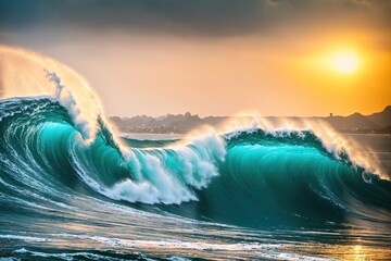 A large wave crashing onto the shore at sunset. - obrazy, fototapety, plakaty