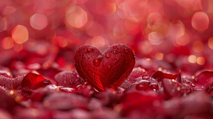 A red heart with water droplets on it sitting in a pile of petals, AI
