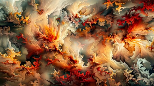 This intricate fractal image evokes a surreal landscape with earth tones and fiery accents, perfect for illustrating concepts of nature, complexity, digital artistry.