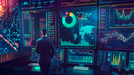 Back view of a businessman analyzing data on multiple screens in a high-tech trading environment