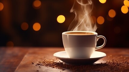 Mug of hot coffee or chocolate on wooden table on blurred city light background. - obrazy, fototapety, plakaty