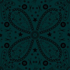 Sewing handmade hobbies equipment seamless buttons and scissors and pins pattern for fabrics and wrapping paper