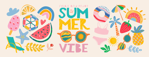 Summer vibe. Set of cute vector illustrations: logo, watermelon, resort,  strawberry, swimsuit, sunglasses, sun, starfish, steering wheel, pineapple, rainbow,  lounger, inflatable ring, umbrella - 777758055