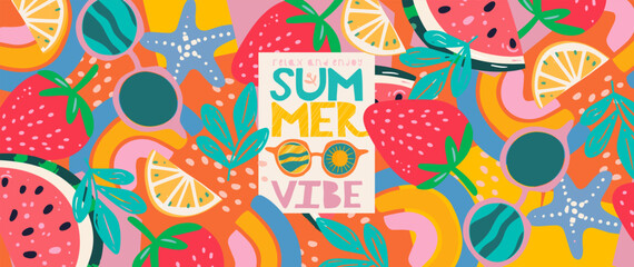 Summer vibe. Vector illustration of abstract cute pattern of strawberry, sunglasses, lemon, leaf, starfish, watermelon for background, banner, wallpaper or card - 777758087