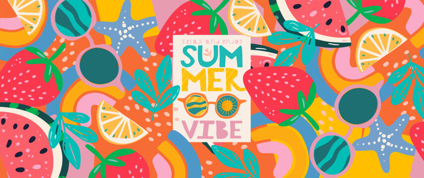 Summer vibe. Vector illustration of abstract cute pattern of strawberry, sunglasses, lemon, leaf, starfish, watermelon for background, banner, wallpaper or card