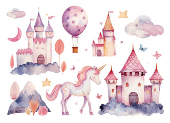 Set of cute watercolor kingdom unicorn and castle for kids book, birthday party vector illustration © Pickoloh