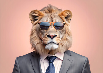 Lion in sunglasses and sharp suit with tie, stylish animal fashion