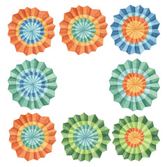 Blue, green and orange fiesta flowers. Hand drawn isolated watercolor cliparts, Mexican paper fans for Cinco de Mayo decoration. Celebration designs for packaging, printing, cards, posters, invitation
