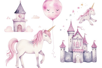 Set of cute watercolor kingdom unicorn and castle for kids book, birthday party vector illustration © Pickoloh