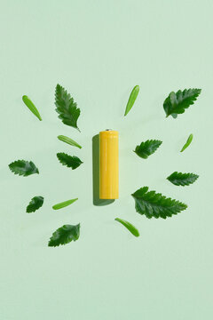 Battery and green energy concept. Battery pattern with green leave