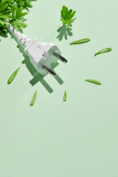 Power plug wrapped green leaves on light green background. 