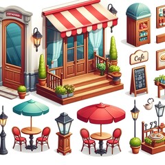 Cartoon restaurant outside eating area with coffee cup on table, chairs and decorative plants in pots near large windows and red door of cafe exterior. Terrace on sidewalk near building in city HD AND
