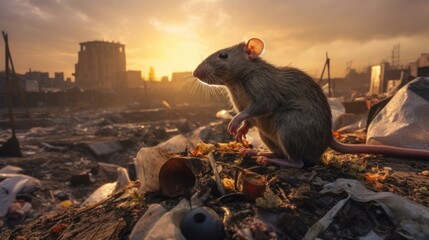 Close-up portrait of a gray mouse with a mustache sitting on a pile of garbage in a landfill,...