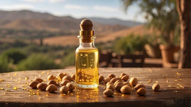 International Day of Argania, a bottle of argan oil and nuts placed on a wooden table in outdoor