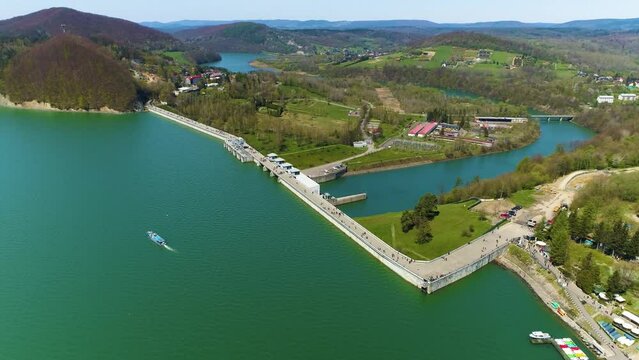 Water Dam On Solina Lake Bieszczady Mountains Aerial View Poland