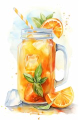 Illustration of Fresh Orange Water in a Mason Jar Glass with Ice and a Straw