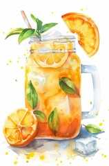 Illustration of Fresh Orange Water in a Mason Jar Glass with Ice and a Straw