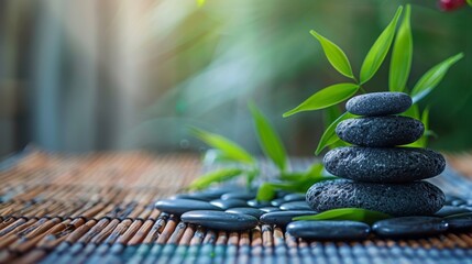 A stack of stones with bamboo and a green plant on top, AI