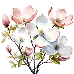 Fototapeta na wymiar Dogwood flower watercolor banner, Dogwood flower isolated on white background, Rustic romantic style, Floral design frame, Can be used for cards, wedding invitations.