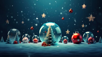Mystical winter holiday scene with snow globes, festive tree, and golden stars amidst falling snowflakes. Seasonal magic and snowy night decor.
