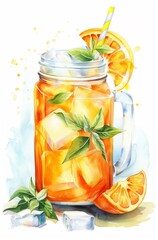 Illustration of Fresh Orange Water in a Mason Jar Glass with Ice and a Straw