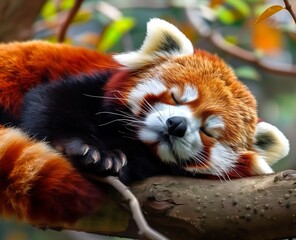 Cute Red Panda: Adorable Portrait of a Red Panda Sleeping in a Tree