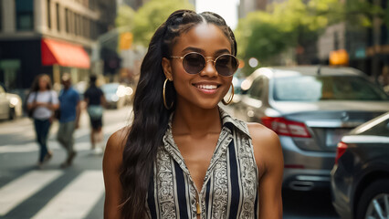 Beautiful stylish African American girl on the summer street