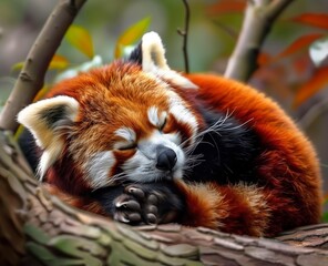 Cute Red Panda: Adorable Portrait of a Red Panda Sleeping in a Tree