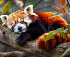 Cute Red Panda: Adorable Portrait of a Red Panda Sleeping in a Tree