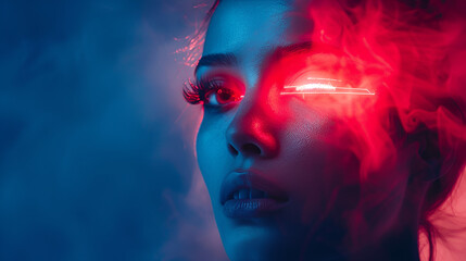 Futuristic surreal photography portrait of beautiful, woman tribe princess red blue color light, Woman in Neon Lighting Close Distance Lips Beauty. Generative Ai, 