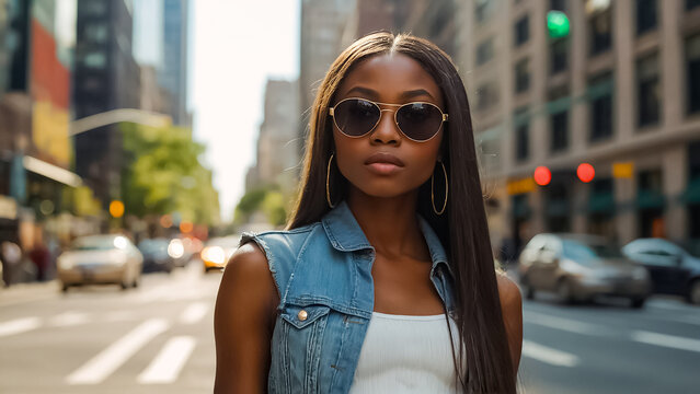 Beautiful stylish African American girl on the summer street