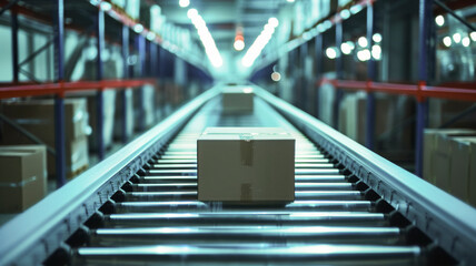 High-Tech E-commerce Warehouse: Conveyor Belt with Carefully Packed Boxes