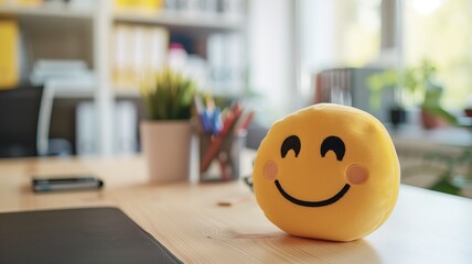 Smiling emoji cushion on desk with blurred office background