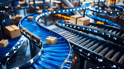 Naklejka premium High-Tech E-commerce Warehouse: Conveyor Belt with Carefully Packed Boxes