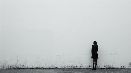 Solitary figure stands against large, blank white wall, evoking sense of solitude