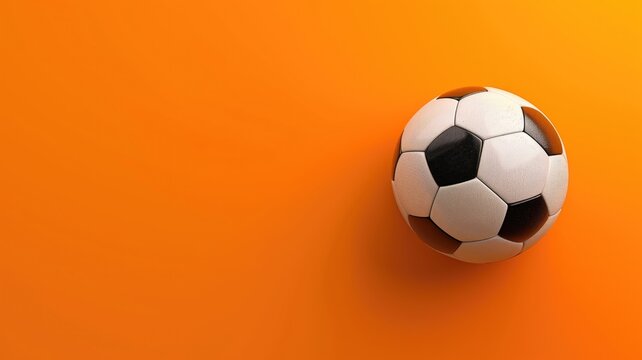Classic black and white soccer ball on vibrant orange background with ample copy space