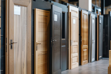 Assortment of different interior doors in the store. Wooden and dsp, nobody, large variety of doors.