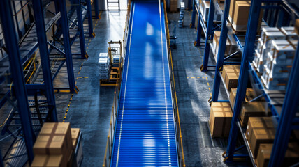 High-Tech E-commerce Warehouse: Conveyor Belt with Carefully Packed Boxes