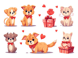 Cute cats and dogs doodle for valentine vector set. Cartoon dog or puppy kitten characters design collection with flat color in different poses. Set of funny pet animals isolated on white background.
