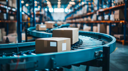 High-Tech E-commerce Warehouse: Conveyor Belt with Carefully Packed Boxes