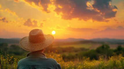 Person in straw hat watching vibrant sunset over scenic landscape